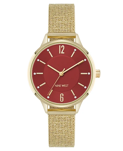 Nine West Women's Quartz Capital Burgundy and Gold-Tone Stainless Steel Mesh Watch, 34mm