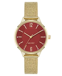 Nine West Women's Quartz Capital Burgundy and Gold-Tone Stainless Steel Mesh Watch, 34mm