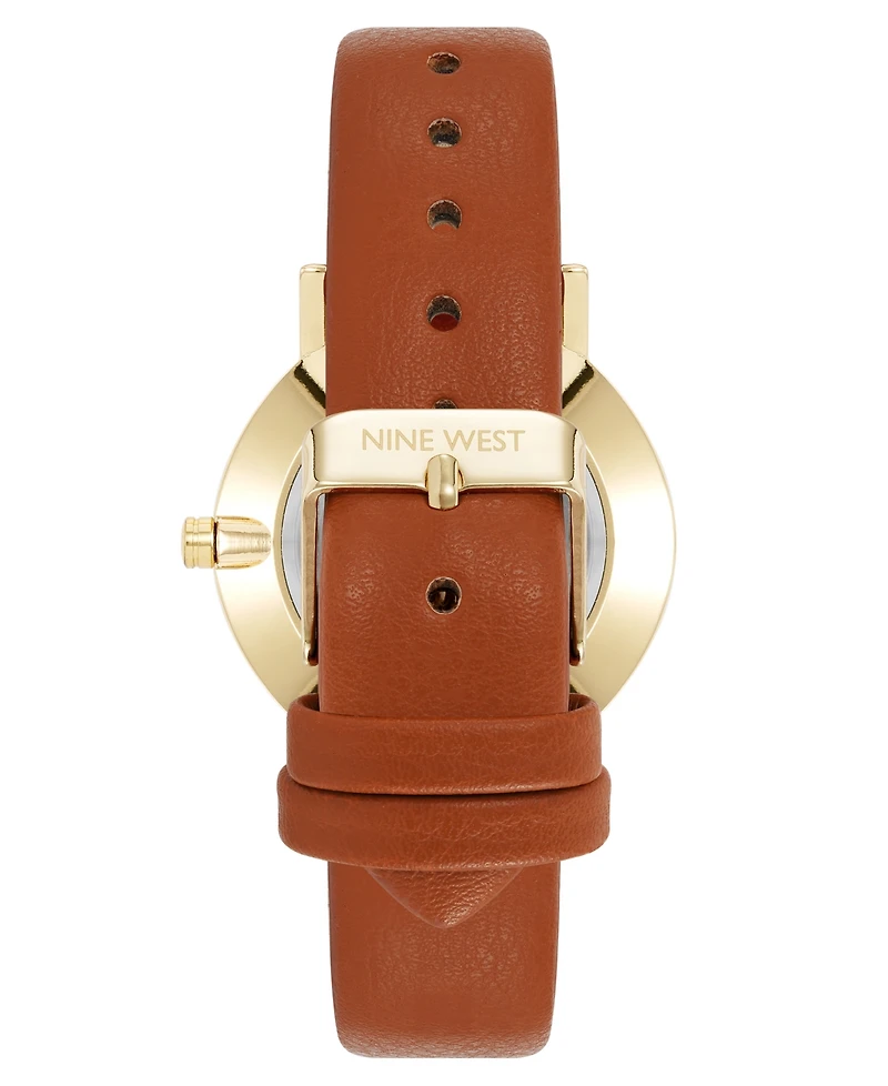 Nine West Women's Quartz Signature Brown Leather and Gold-Tone Watch, 34mm