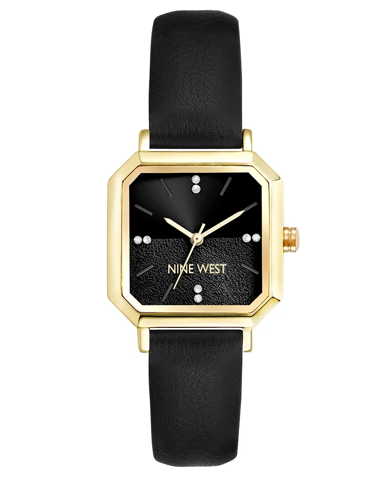 Nine West Women's Quartz Regency Black Leather and Gold-Tone Watch, 27mm