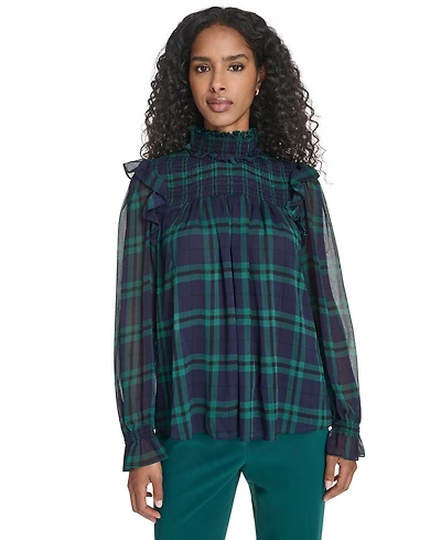 Tommy Hilfiger Women's Plaid Peasant Mock Neck Top