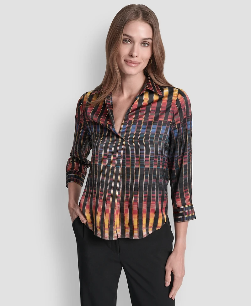 Dkny Women's Printed Satin Long Sleeve V-Neck Blouse