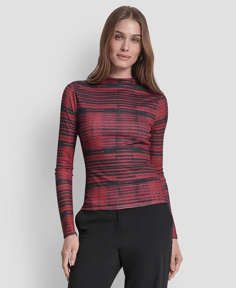 Dkny Women's Long Sleeve Fitted Funnel Neck Tissue Mesh Top
