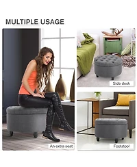 Homcom Upholste Round Linen Storage Stool Footrest of Button Tufted