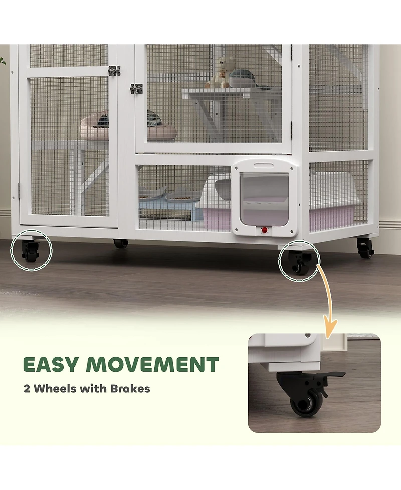 PawHut Indoor Cat Enclosure on Wheels, Cat House with Openable Top,