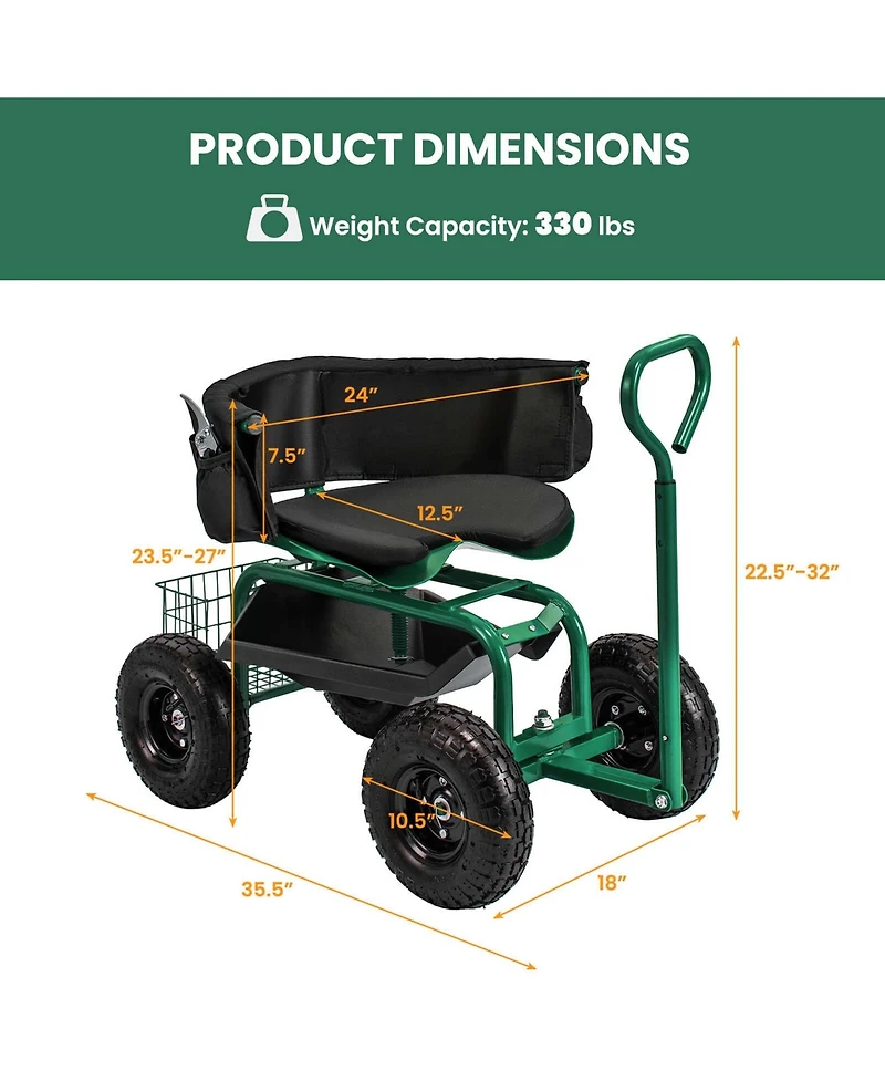 Costway Rolling Garden Cart Height Adjustable Scooter with Swivel Seat & Tool Storage