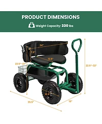 Costway Rolling Garden Cart Height Adjustable Scooter with Swivel Seat & Tool Storage