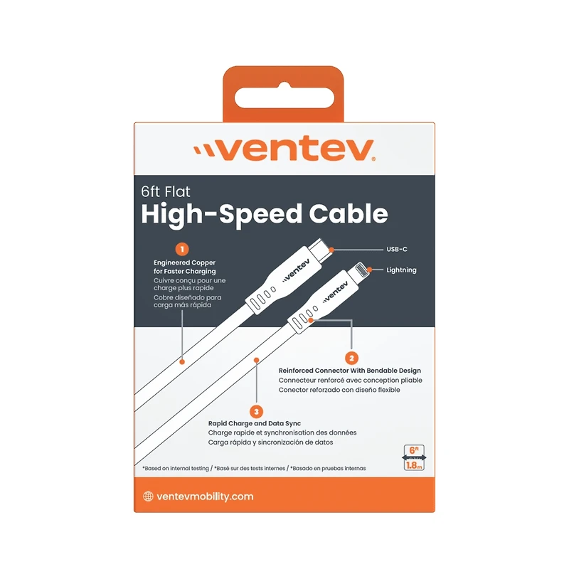 Ventev Flat Usb C to Apple Lightning High Speed Tangle-Free 6 Foot Cabl