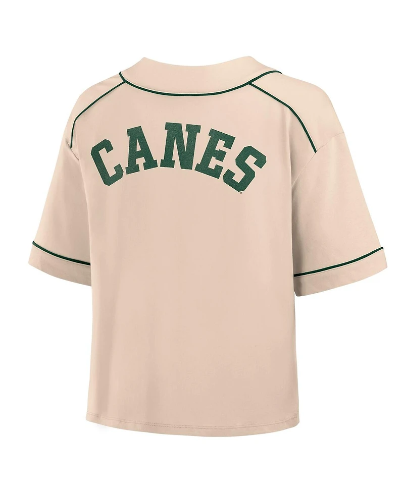 Fanatics Women's Tan Miami Hurricanes Oversized Dominant Force Cropped V-Neck T-Shirt