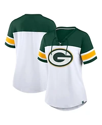 Fanatics Women's White/Green Green Bay Packers Athena Rhinestone Lace-Up V-Neck T-Shirt