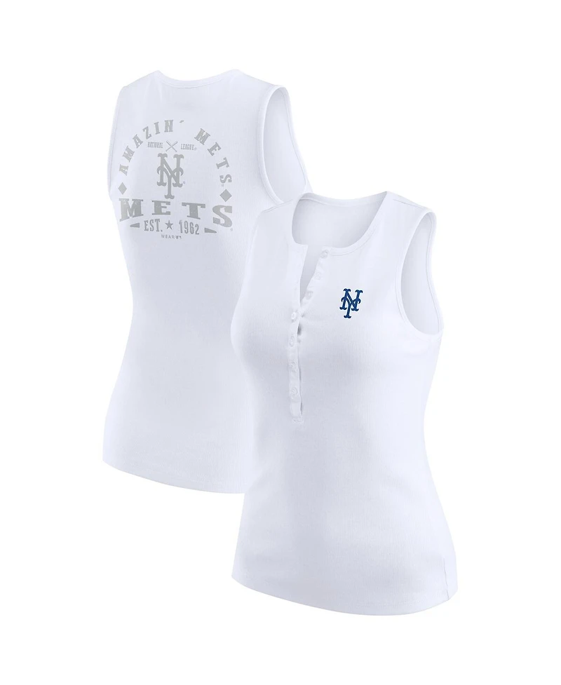 Wear by Erin Andrews Women's White New York Mets Rib-Knit Henley Tank Top