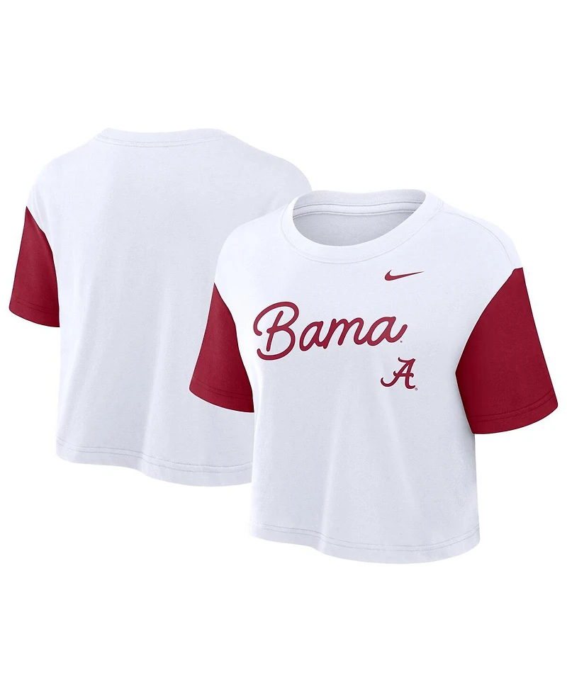 Nike Women's White/Crimson Alabama Crimson Tide Color-Block Script Performance Cropped T-Shirt