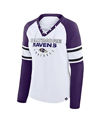 Fanatics Women's White/Purple Baltimore Ravens Redzone Blitz Package Raglan Lace-Up V-Neck Long Sleeve T-Shirt