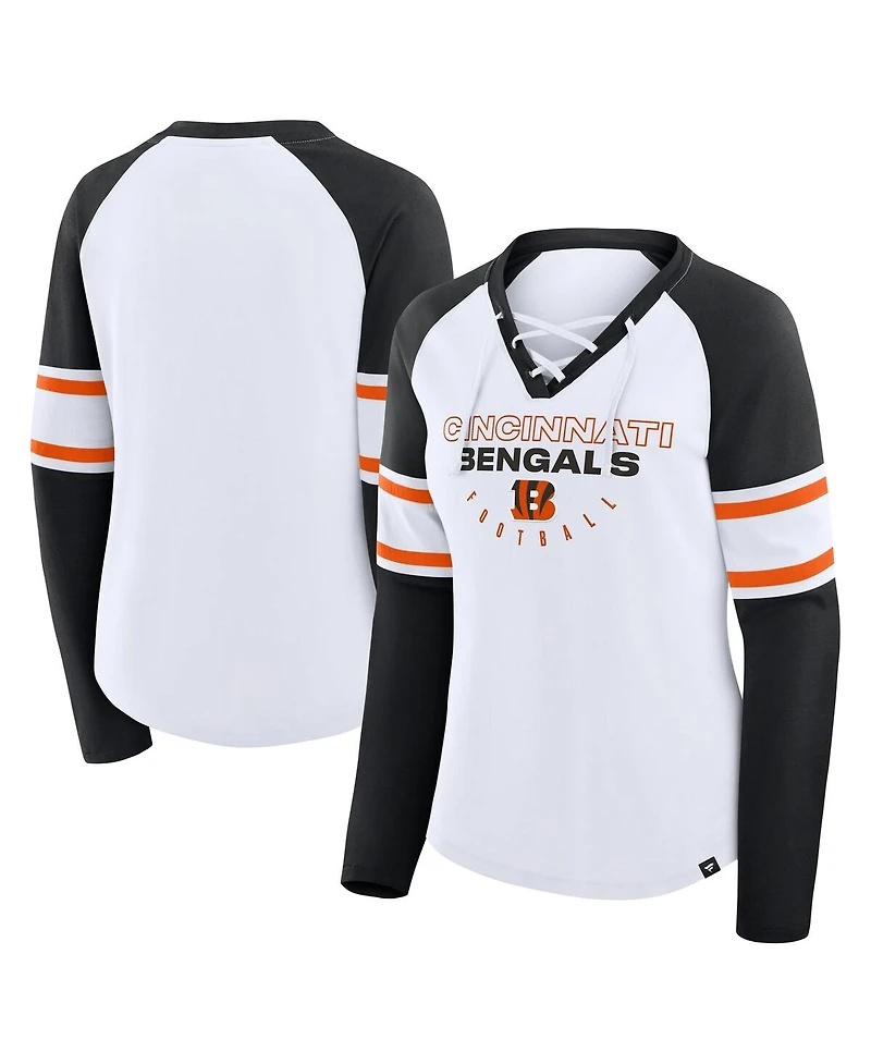 Fanatics Women's White/Black Cincinnati Bengals Redzone Blitz Package Raglan Lace-Up V-Neck Long Sleeve T-Shirt