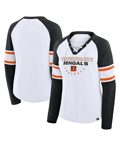 Fanatics Women's White/Black Cincinnati Bengals Redzone Blitz Package Raglan Lace-Up V-Neck Long Sleeve T-Shirt