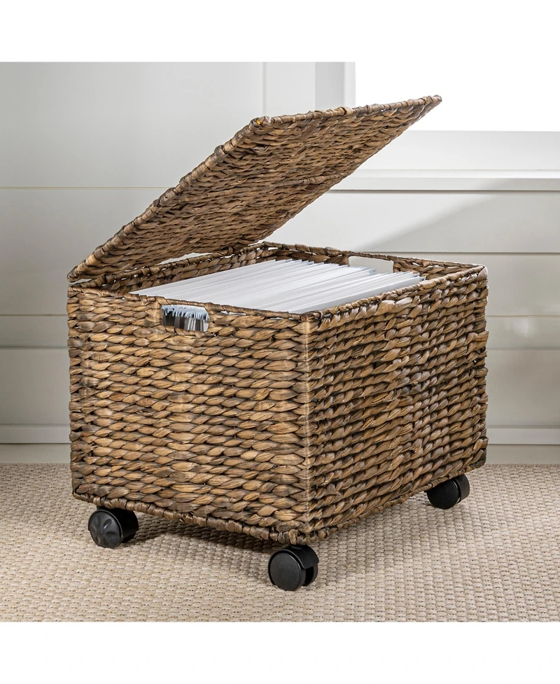 Happimess Ashton 18.11" Classic Farmhouse Hand-Woven Hyacinth Rolling Filing Basket with Lid and 360 Degree Lockable Wheels