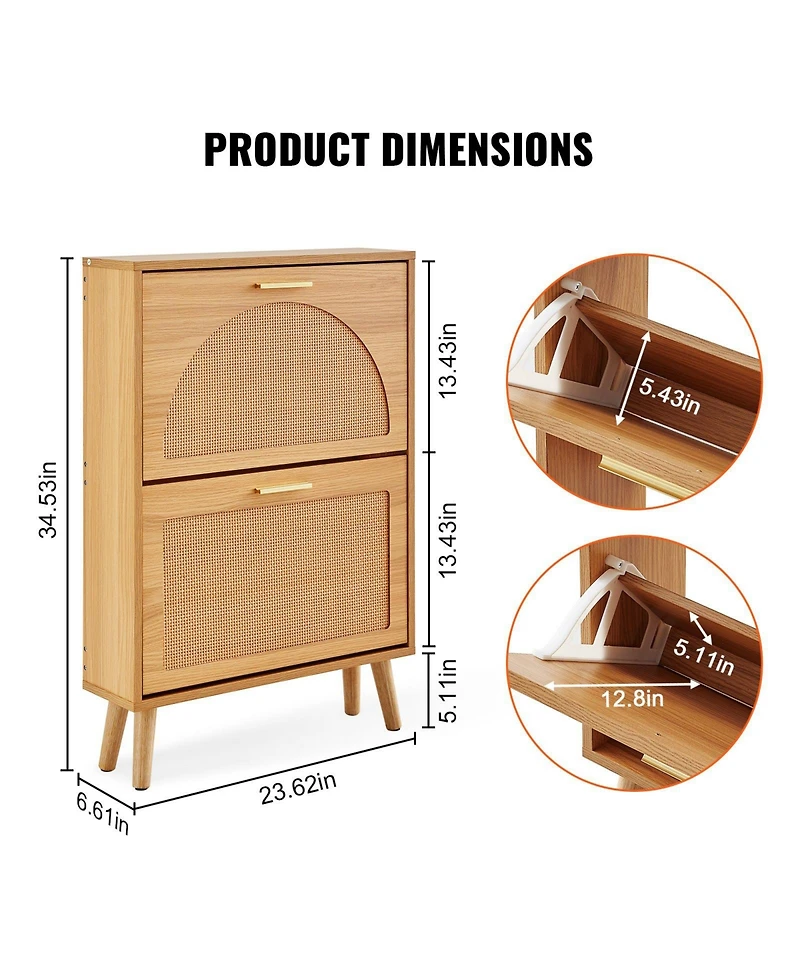 Slickblue Shoe Cabinet with 2 Flip Drawers and Rattan Doors, Freestanding Entryway Organizer