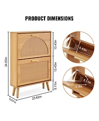 Slickblue Shoe Cabinet with 2 Flip Drawers and Rattan Doors, Freestanding Entryway Organizer