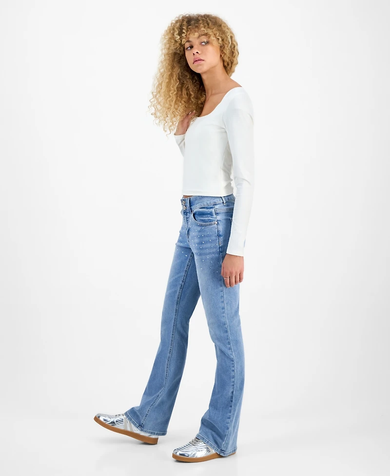 Madden Girl Juniors' Rhinestone Embellished Mid Rise Bootcut Jeans