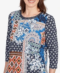 Alfred Dunner Petite Batik Patchwork Drawstring Closure Top