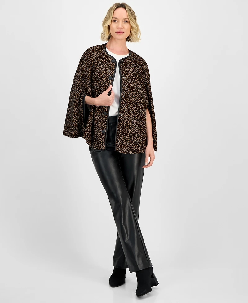 Kasper Leopard Jacquard Snap-Front Cape-Sleeve Topper, Regular & Petites