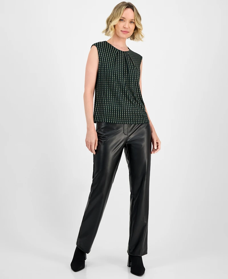 Kasper Foil Print Pleated-Neck Extended-Shoulder Top, Regular & Petites