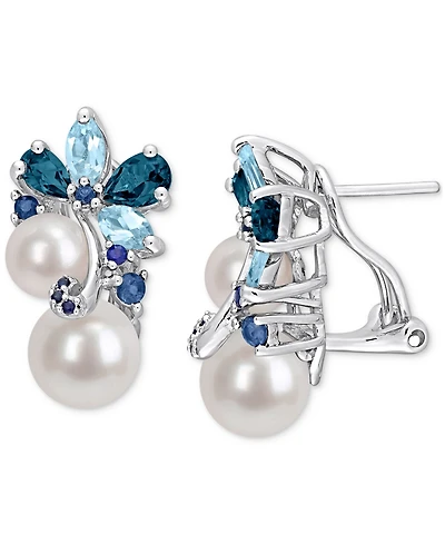 Cultured Freshwater Pearl (6 & 8mm), Blue Topaz (2-1/2 ct. t.w.) & Sapphire (3/8 ct. t.w.) Cluster Stud Earrings in Sterling Silver