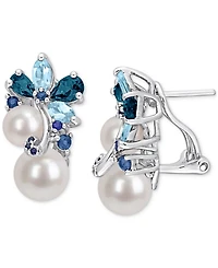 Cultured Freshwater Pearl (6 & 8mm), Blue Topaz (2-1/2 ct. t.w.) & Sapphire (3/8 ct. t.w.) Cluster Stud Earrings in Sterling Silver