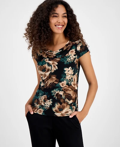 Kasper Women's Printed Cowl Neck Cap Sleeve Top