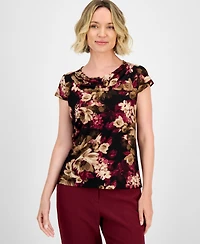 Kasper Women's Printed Cowl Neck Cap Sleeve Top