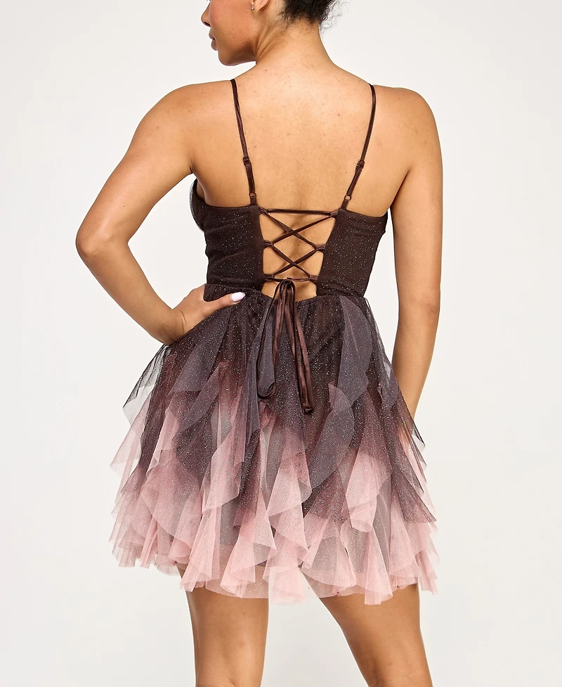 pear culture Junior's Sweetheart-Neck Ombre Mesh Fit & Flare Dress