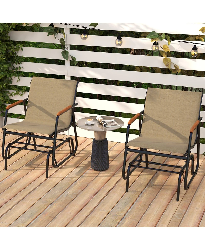 Gymax Patio Glider Chair Set of 2 with Curved Teak Armrests and Breathable Fabric Seat