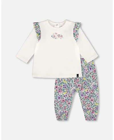 Deux par Baby Girls Cotton Off-White Top and Muslin Pants Set