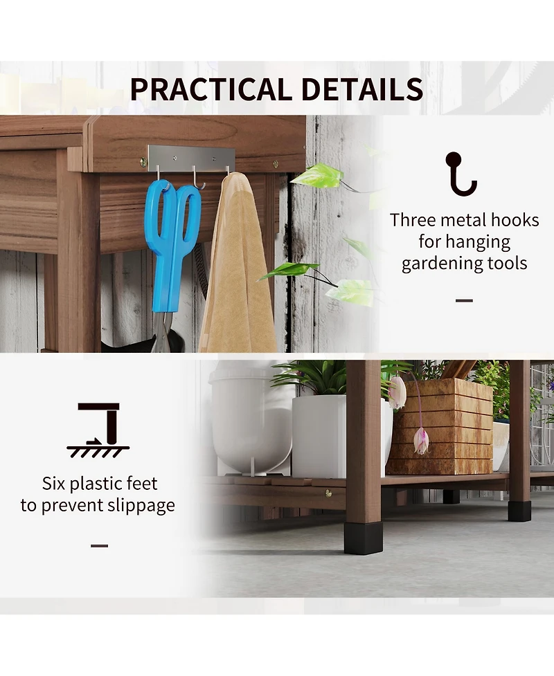 Outsunny Outdoor Garden Potting Bench Table with Hooks,