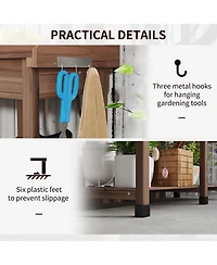 Outsunny Outdoor Garden Potting Bench Table with Hooks,