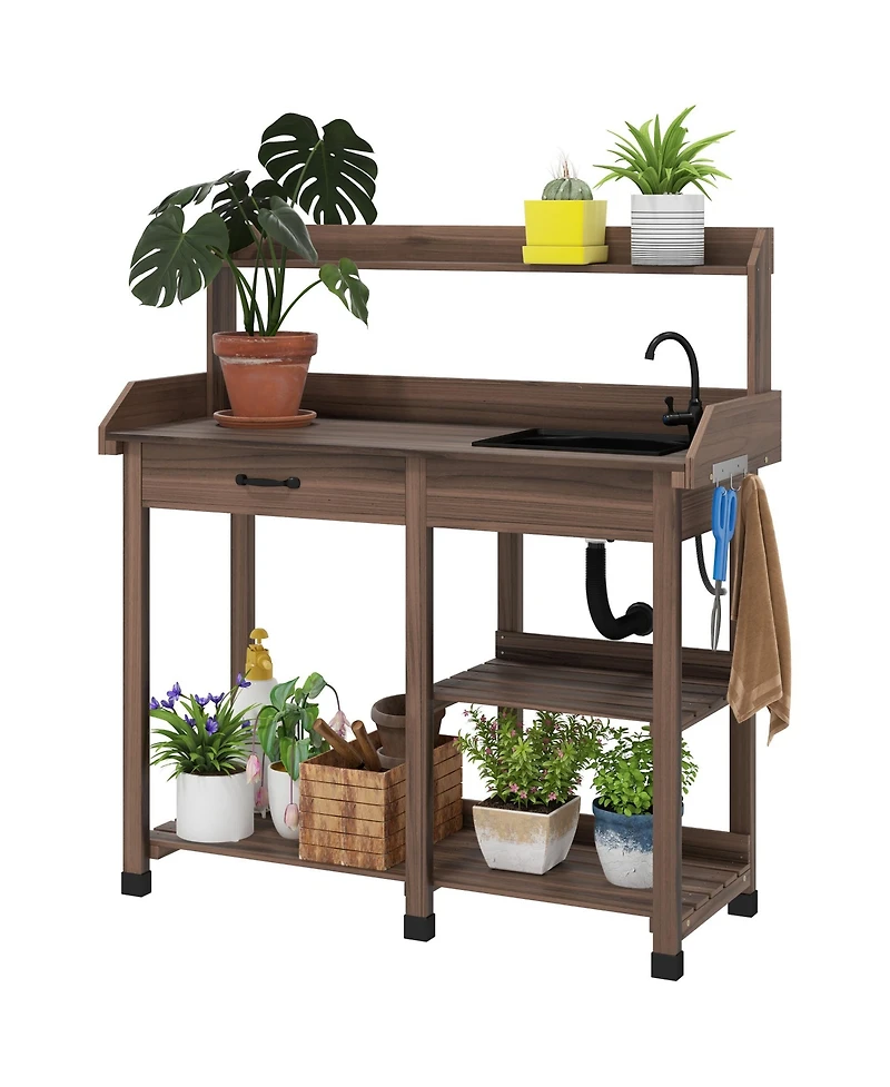 Outsunny Outdoor Garden Potting Bench Table with Hooks,