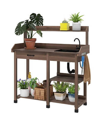 Outsunny Outdoor Garden Potting Bench Table with Hooks,
