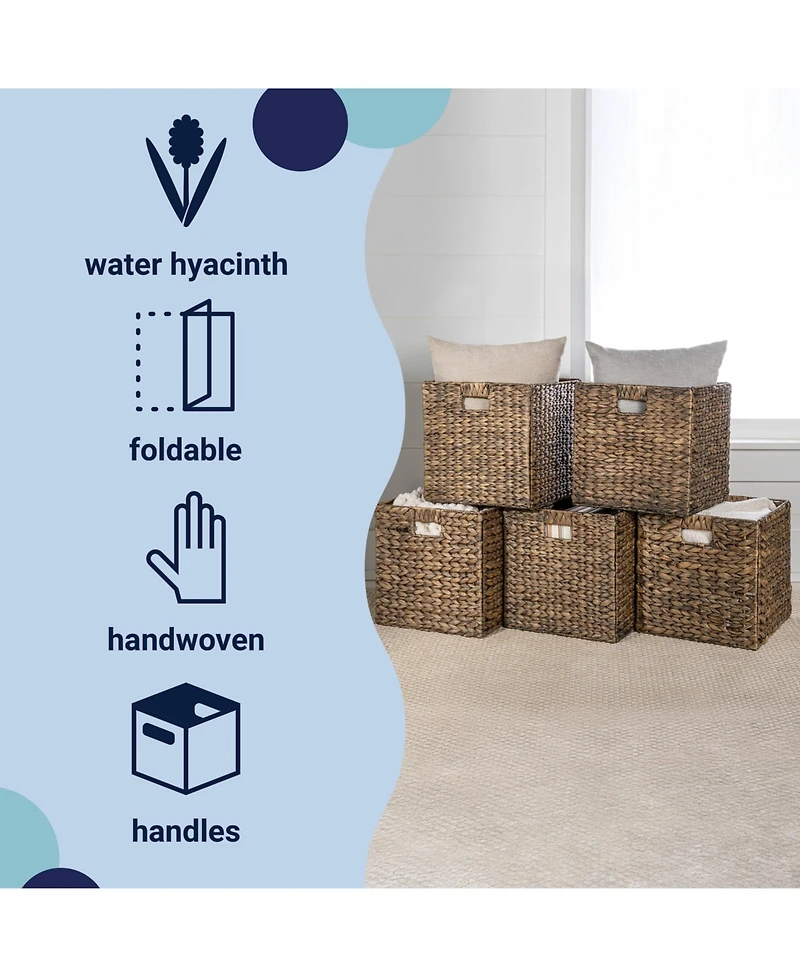 Happimess Bryce Classic Farmhouse Hand-Woven Hyacinth Collapsible Storage Cube Baskets with Handles (Set of 5