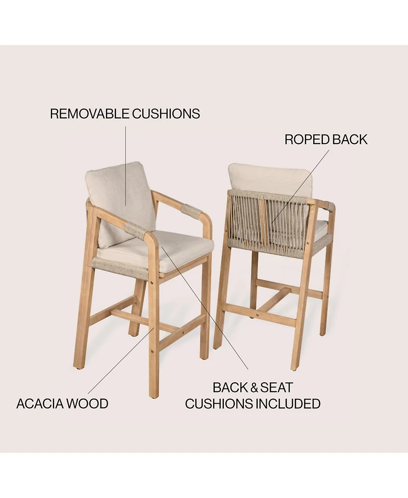 Jonathan Y Porto Modern Coastal Tub Roped Acacia Wood Outdoor Bar Stool with Cushions and Armrests (Set of 2)