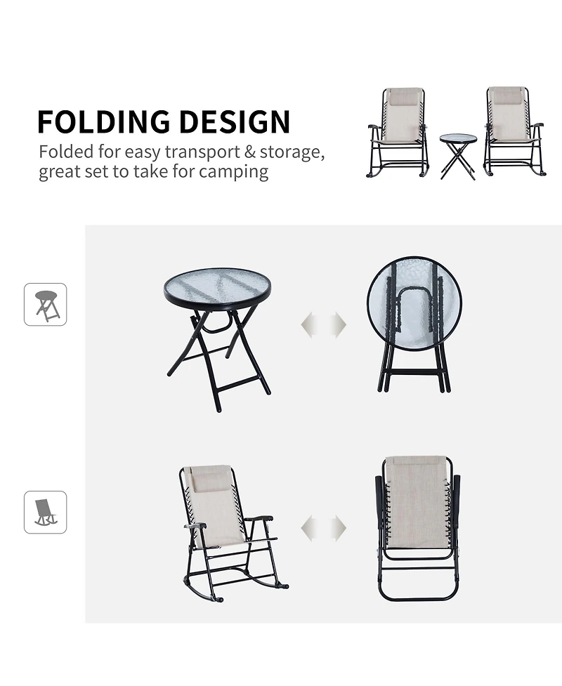 Outsunny 3 Piece Outdoor Rocking Bistro Set, Patio Folding Chair Table Set with Glass Coffee Table for Yard, Patio, Deck, Backyard, Cream White