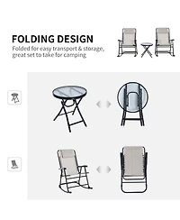 Outsunny 3 Piece Outdoor Rocking Bistro Set, Patio Folding Chair Table Set with Glass Coffee Table for Yard, Patio, Deck, Backyard, Cream White