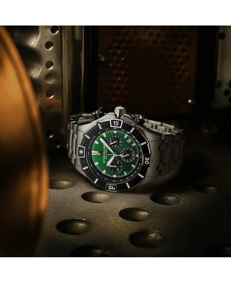 Stuhrling 1022 Men s Chronograph Watch Quartz Movement Green Dial Black Subdials Black Bezel Stainless Steel Bracelet 50M Water Resistant Date Window