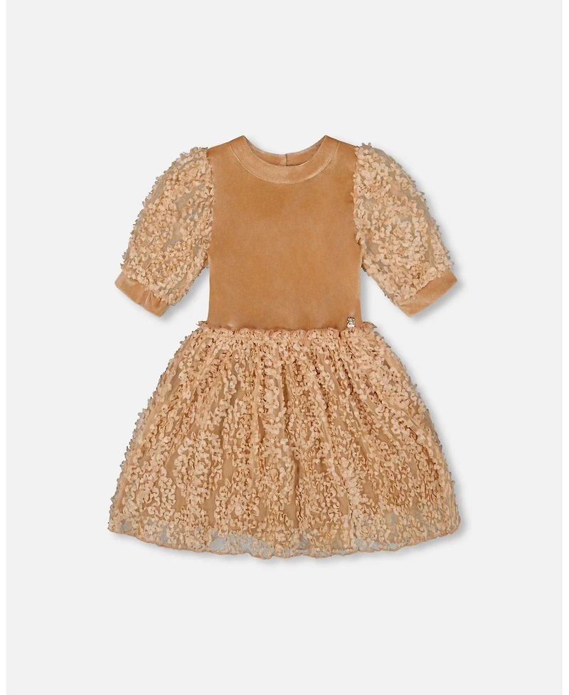 Deux par Big Girls Puff Sleeve Bi-Material Velour and Lace Dress Light Caramel