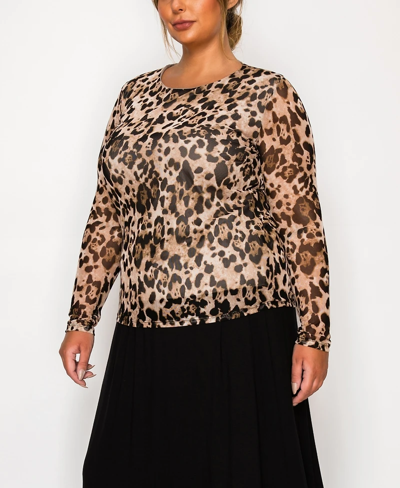 Coin 1804 Plus Size Leopard Mesh Scoop Neck Long Sleeve Top