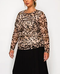 Coin 1804 Plus Size Leopard Mesh Scoop Neck Long Sleeve Top