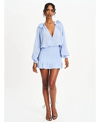 Miss Circle Women Zahari Blue Smock Bottom Balloon Sleeve Mini Dress