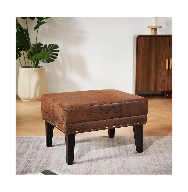 The Pop Home Vintage Upholstered Ottoman with Nailhead Trim, Distressed Brown Footstool with Solid Wood Legs-The Pop Home