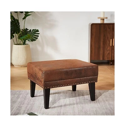 The Pop Home Vintage Upholstered Ottoman with Nailhead Trim, Distressed Brown Footstool with Solid Wood Legs-The Pop Home