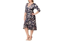 Kiyonna Plus Flirty Flounce Midi Wrap Dress with 3/4 Sleeves