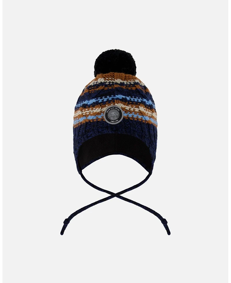 Deux par Boy Lined Peruvian Knit Winter Hat with Pompom Taupe and Navy - Toddler|Child